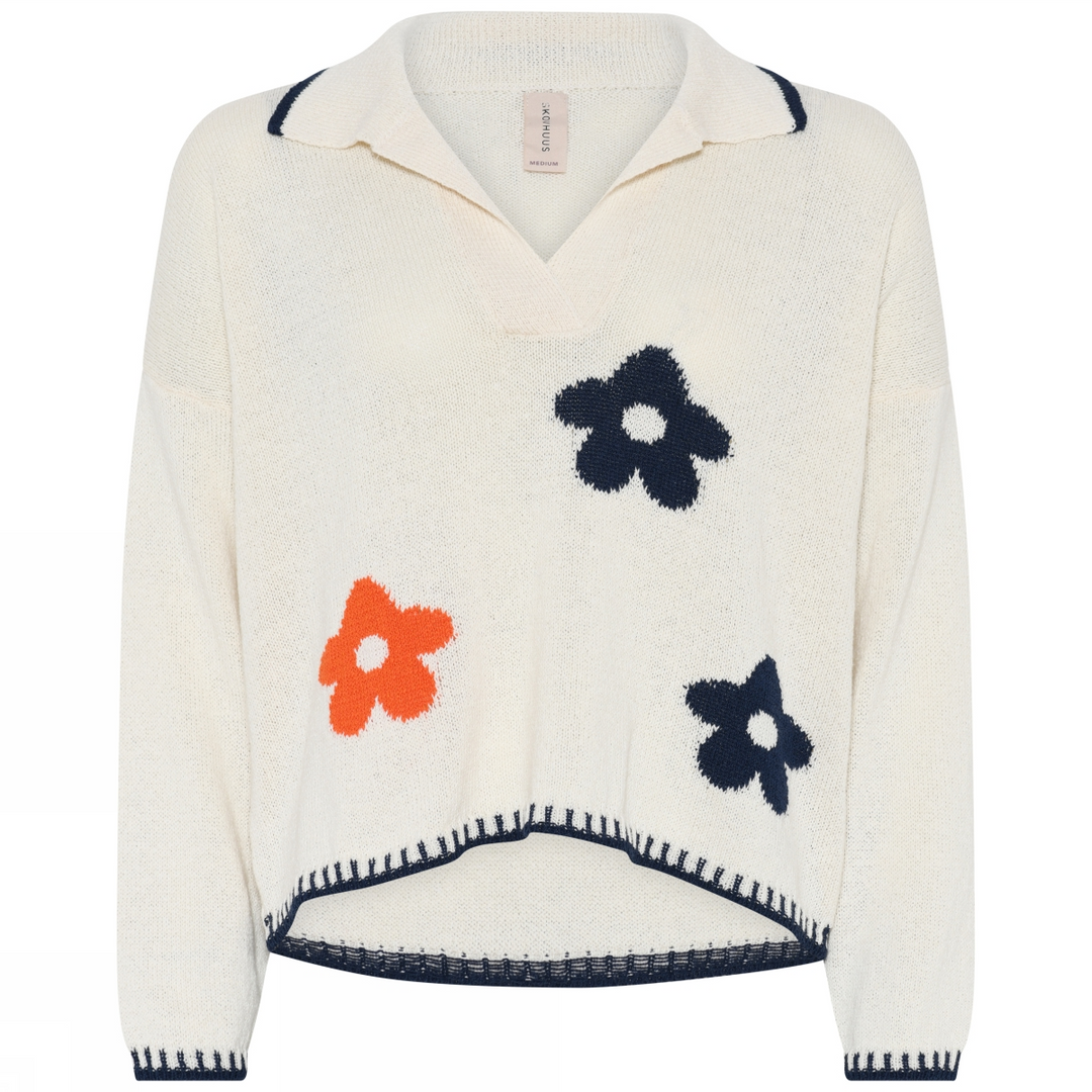 Polo collar pullover w. flower